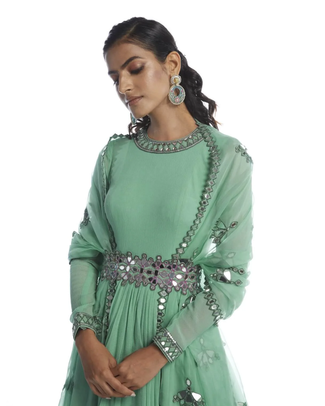 Vvani Vats -  Dull Mint Chiffon Anarkali Set from Chamak