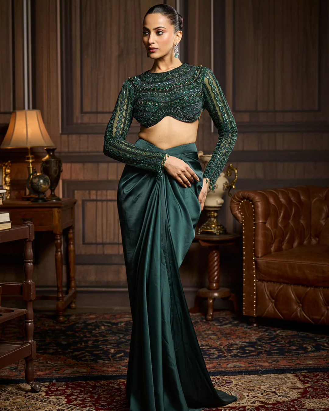 Diya Rajvvir - Emerald Green Embroidered Blouse And Draped Skirt Set from Taara