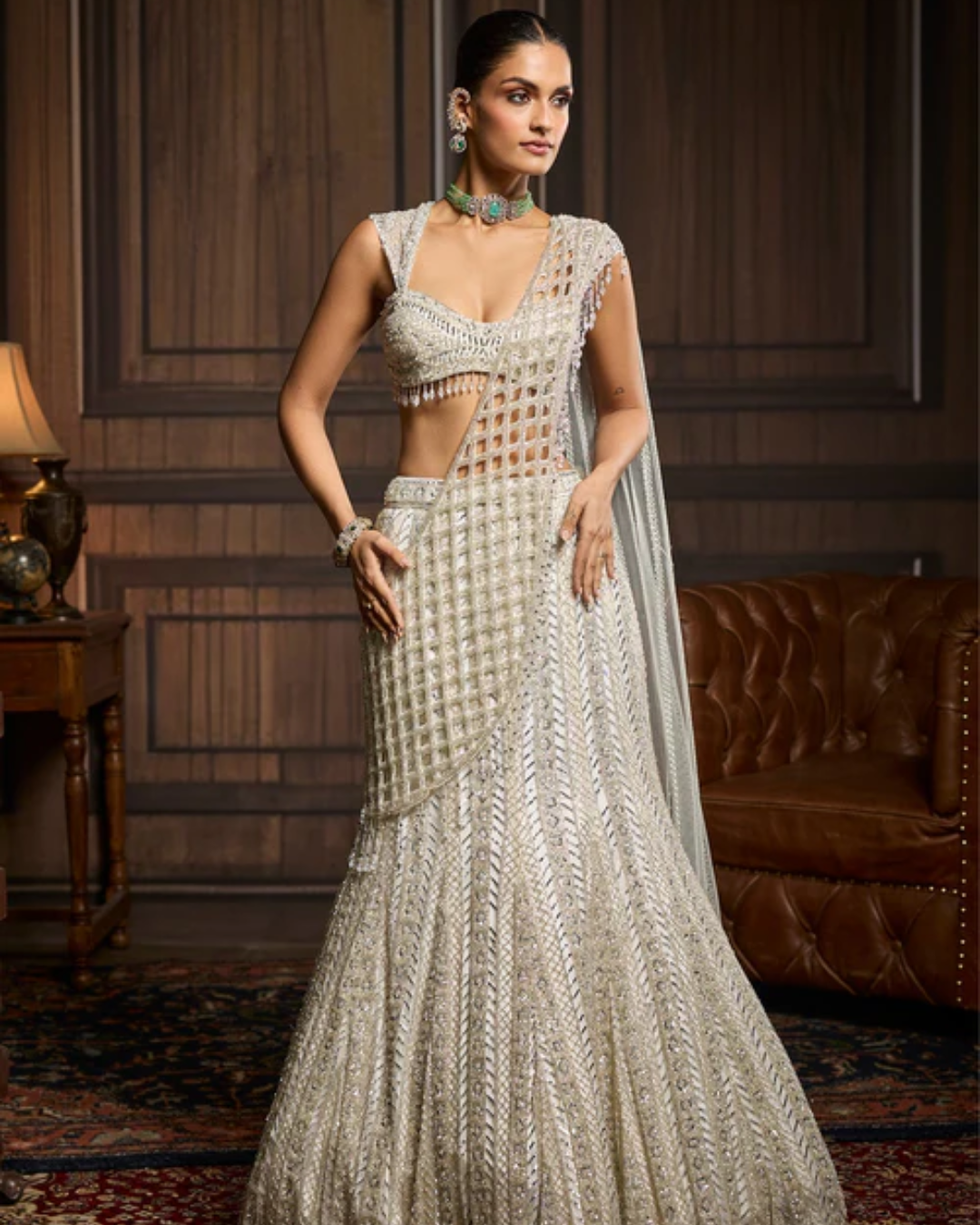 Diya Rajvvir - Silver Embellished Mermaid Skirt Saree Set from Taara