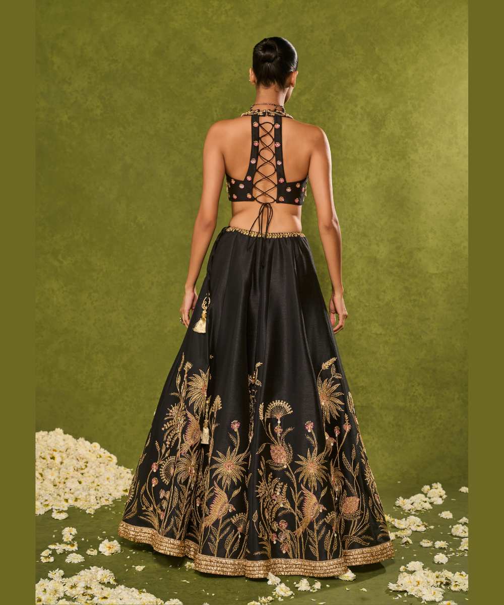 HUDA LEHENGA - Black dupion silk lehenga brought to life with forest-inspired motifs, intricately embroidered in zari, sequence, resham - Leher by Chamee and Palak