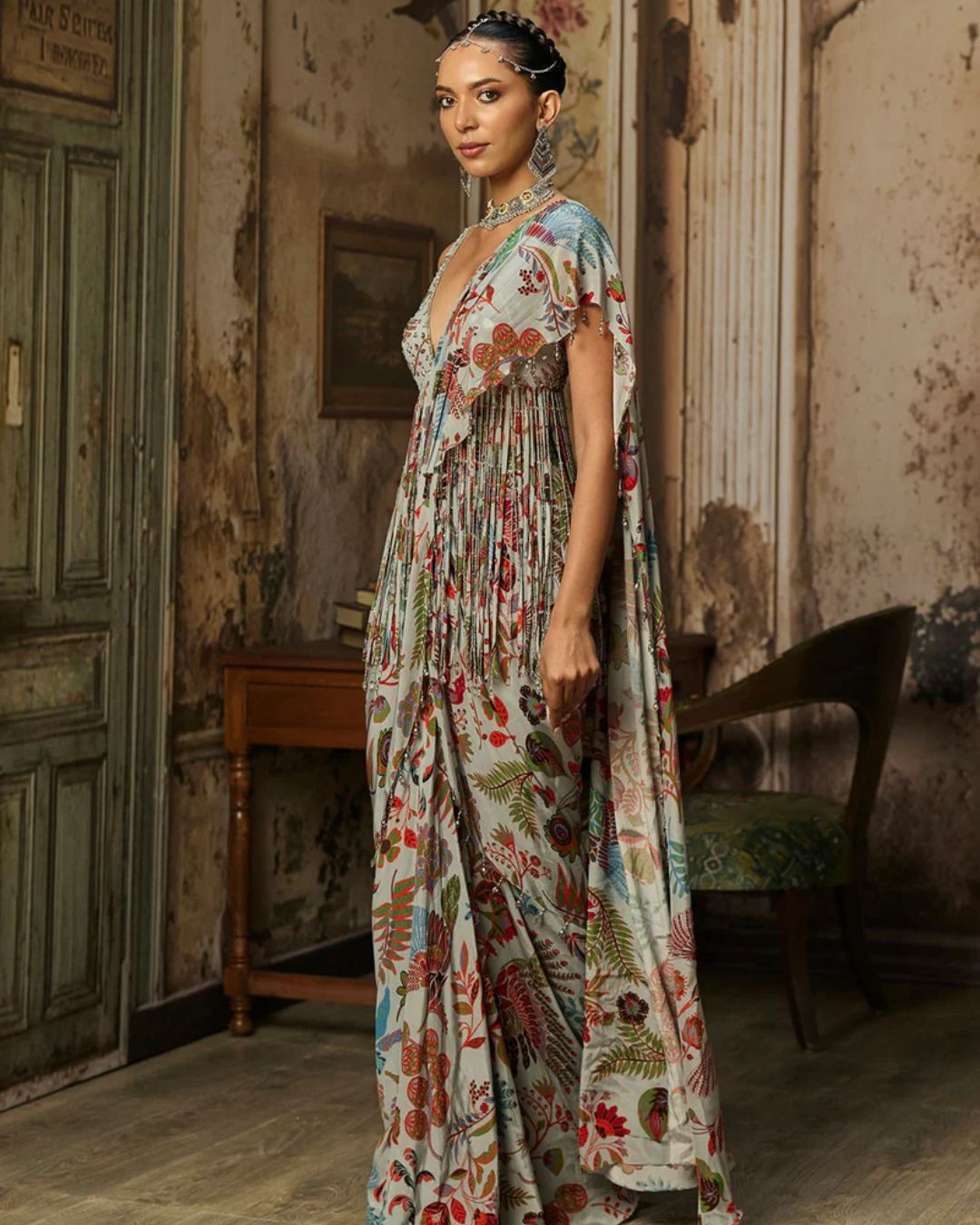 Diya Rajvvir - Slate Grey Printed And Highlighted Dhoti Skirt Saree Set from Bahaar
