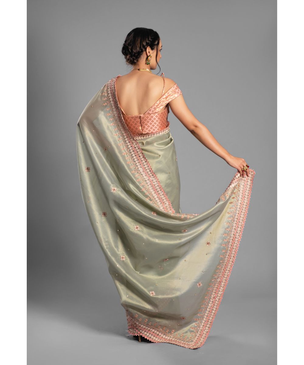 Leaf green Saree with peach Floral Geometric Scallop