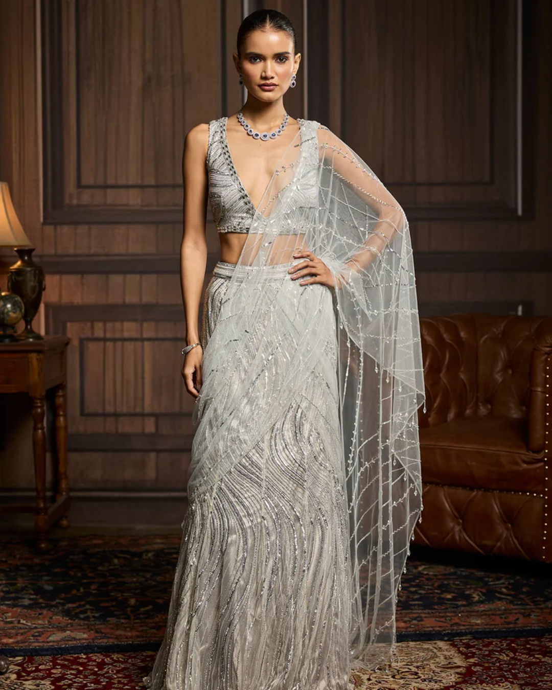 Diya Rajvvir - Silver Embellished Mermaid Skirt Saree Set from Taara
