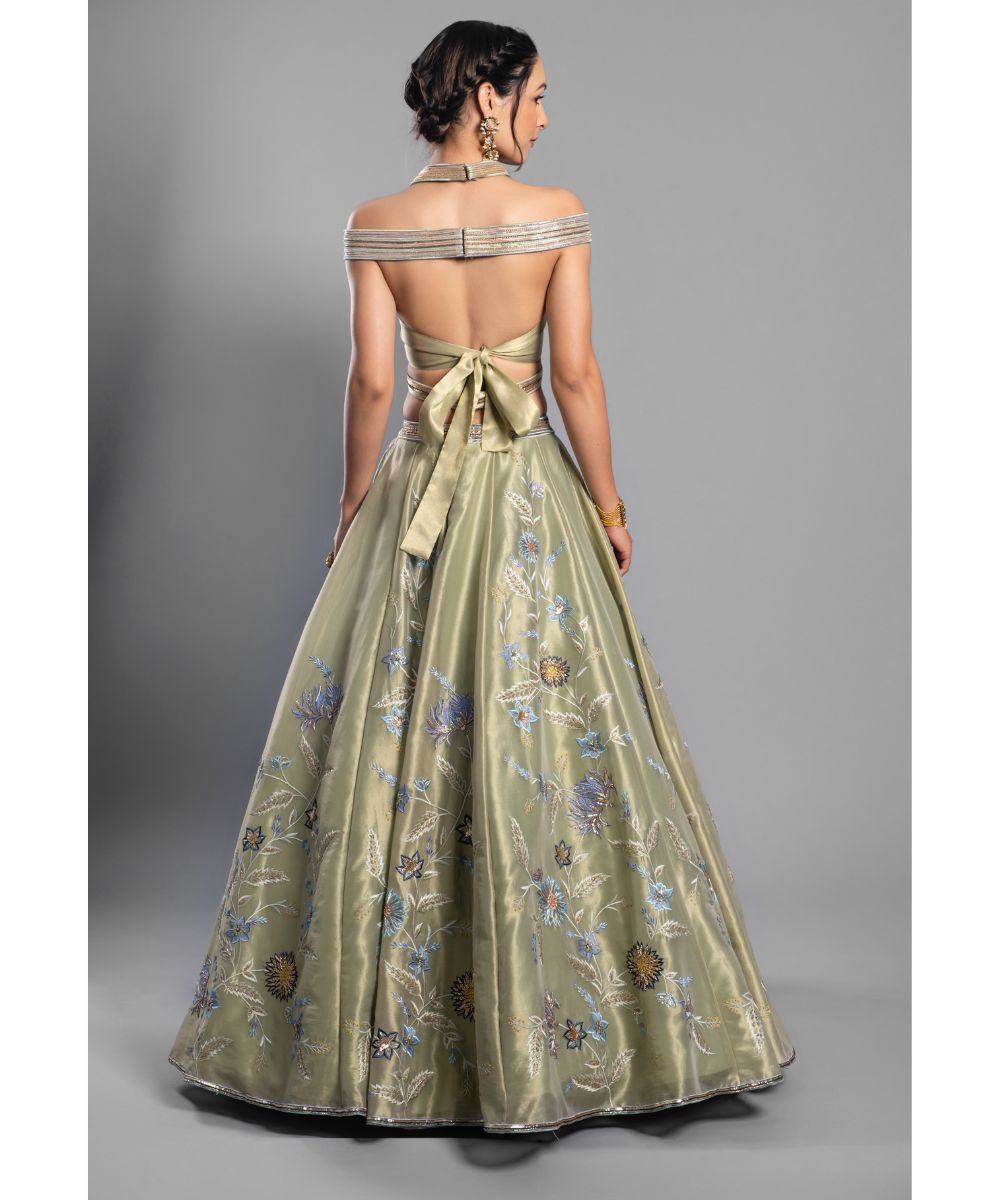 Aastha Sood - Leaf green tissue Lehenga with a Draped Halter Blouse