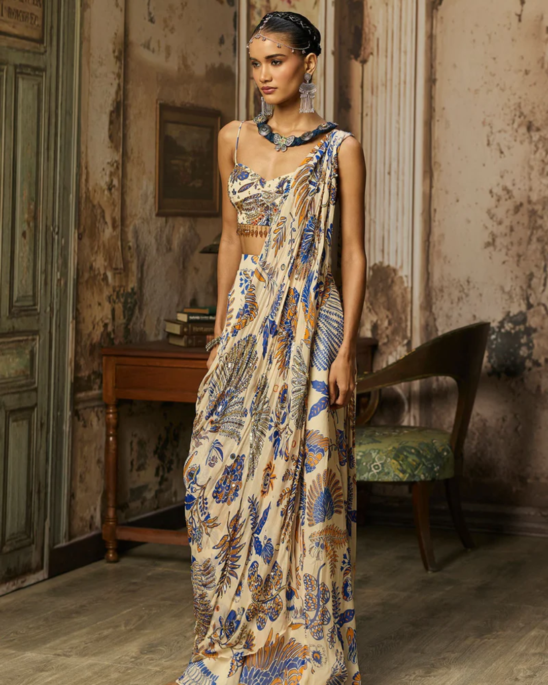 Diya Rajvvir - Ivory Printed And Highlighted Sharara Pants Saree Set from Bahaar