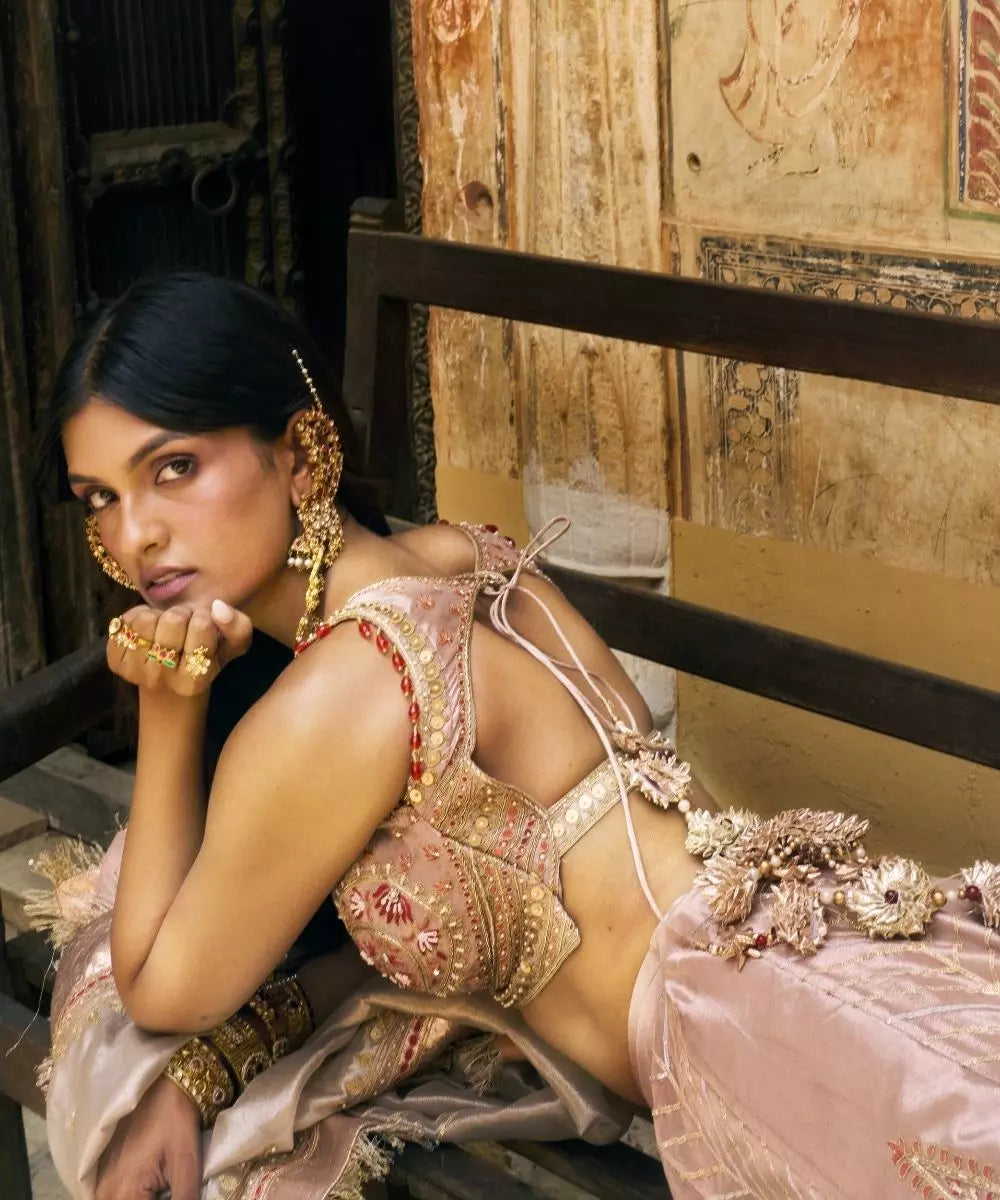Aditi Gupta - Rose Gold silk zari tissue with Pearl gold zari tissue dupatta Lehenga Set