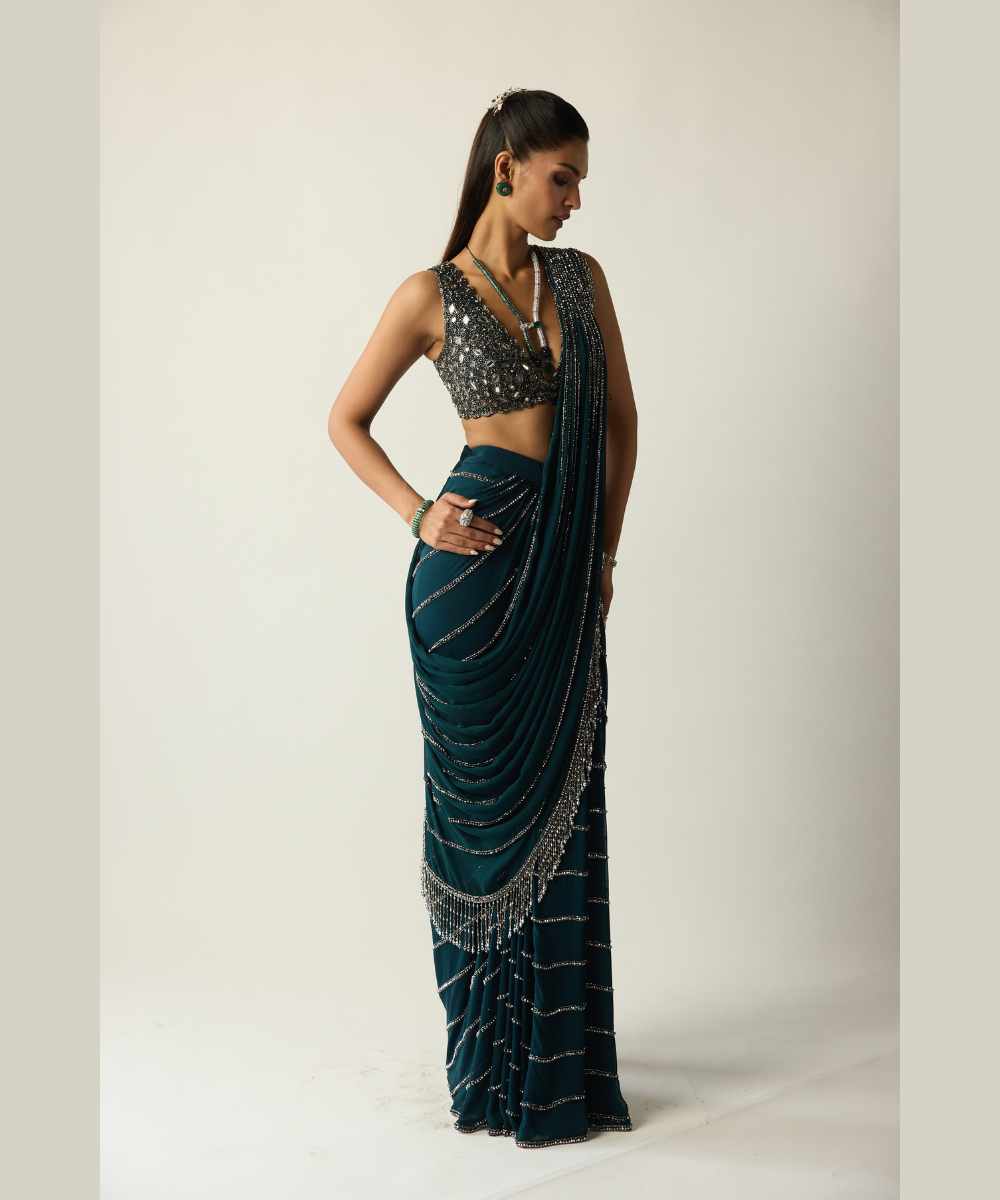 Dark Teal Linear Draped Saree