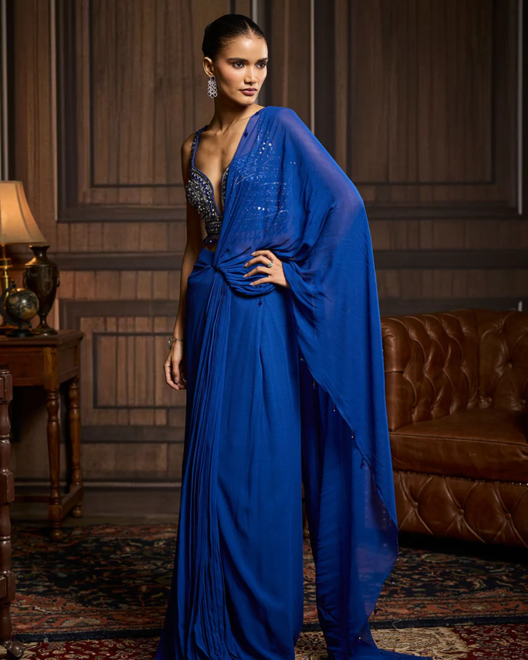 Diya Rajvvir - Electric Blue Embellished Blouse And Pre-Draped Dhoti Saree Set from Taara