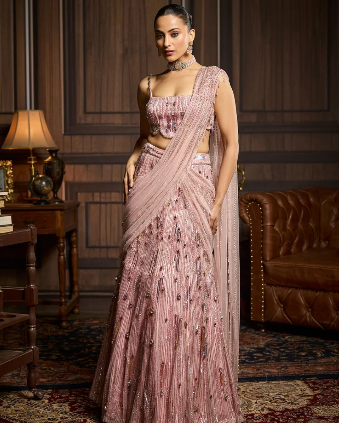 Diya Rajvvir - Blush Pink Embellished Pre-Draped Skirt Saree Set from Taara