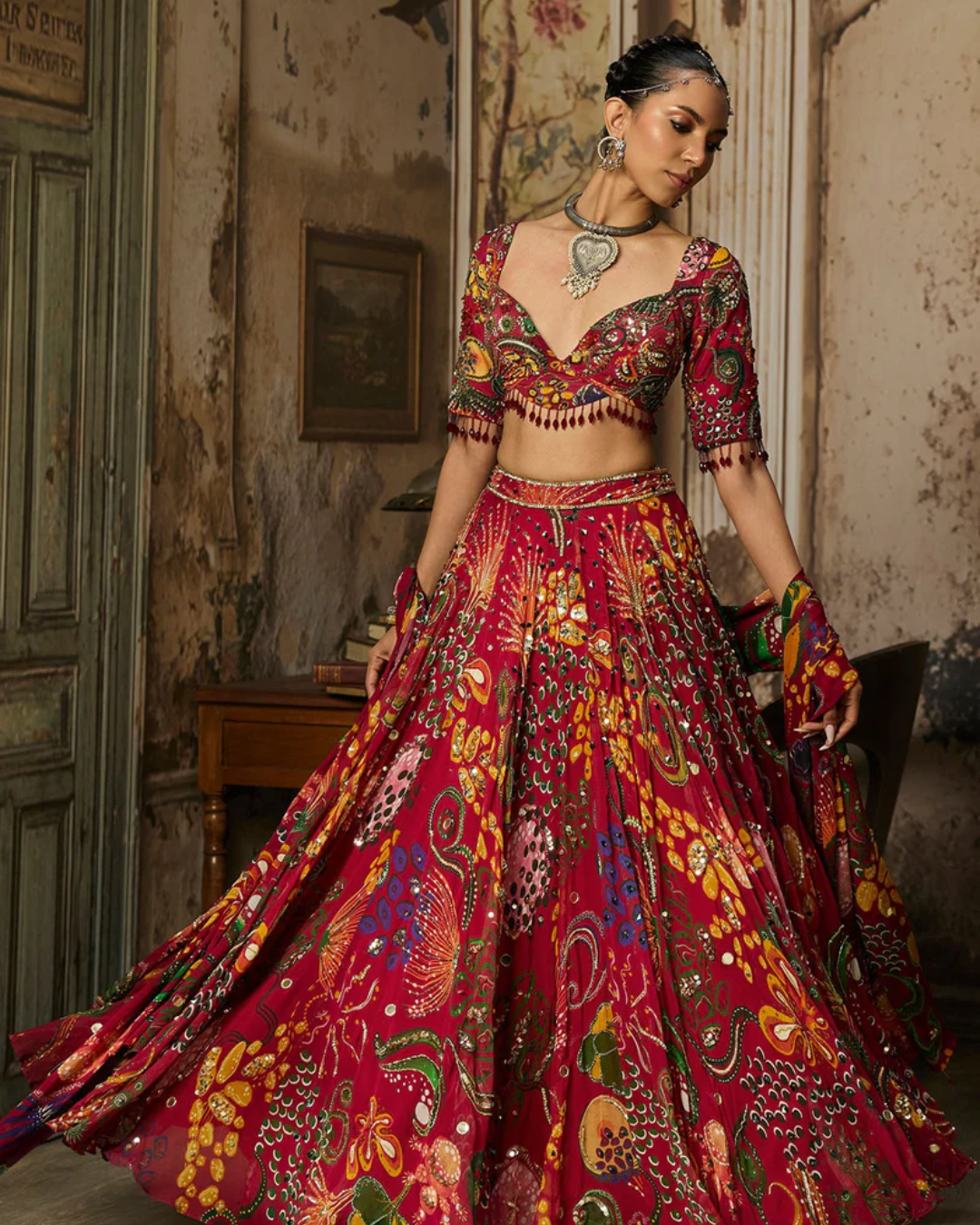 Diya Rajvvir - Deep Red Printed And Highlighted Lehenga Set from Bahaar