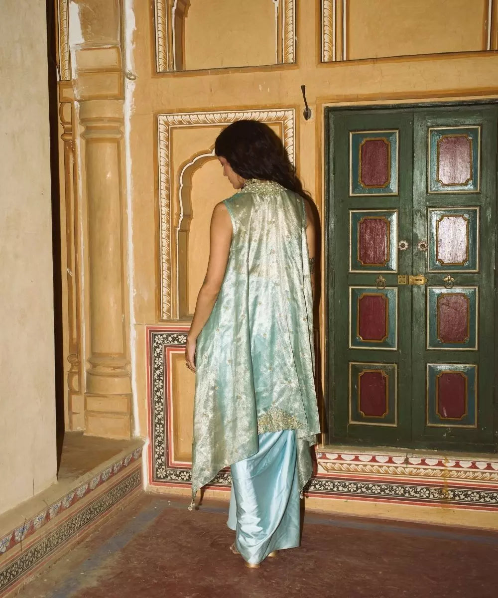 Aditi Gupta -  Powder Blue drape satin Skirt  Set with pure tissue cape