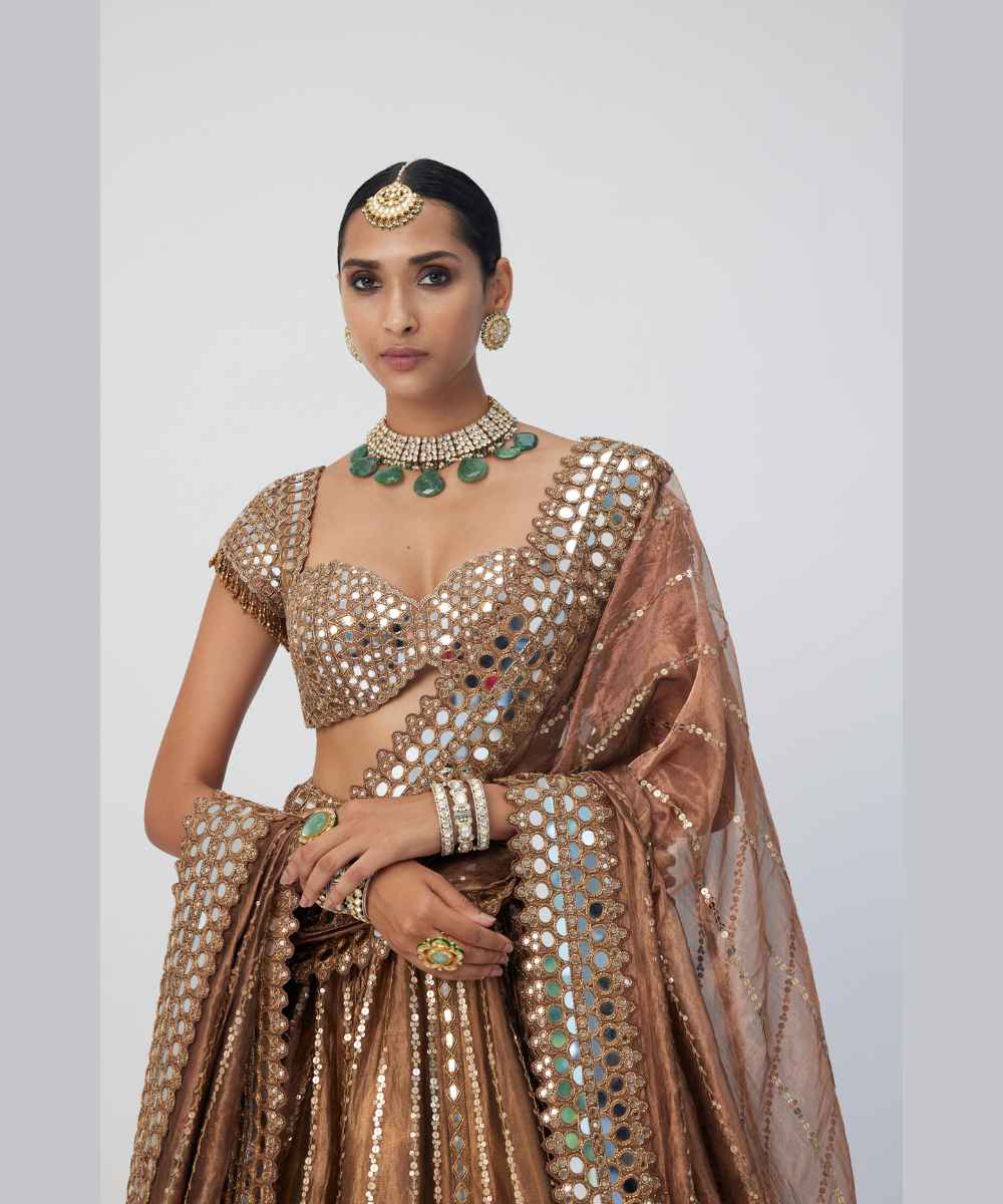 Copper Shimmer Organza Linear Lehenga Set