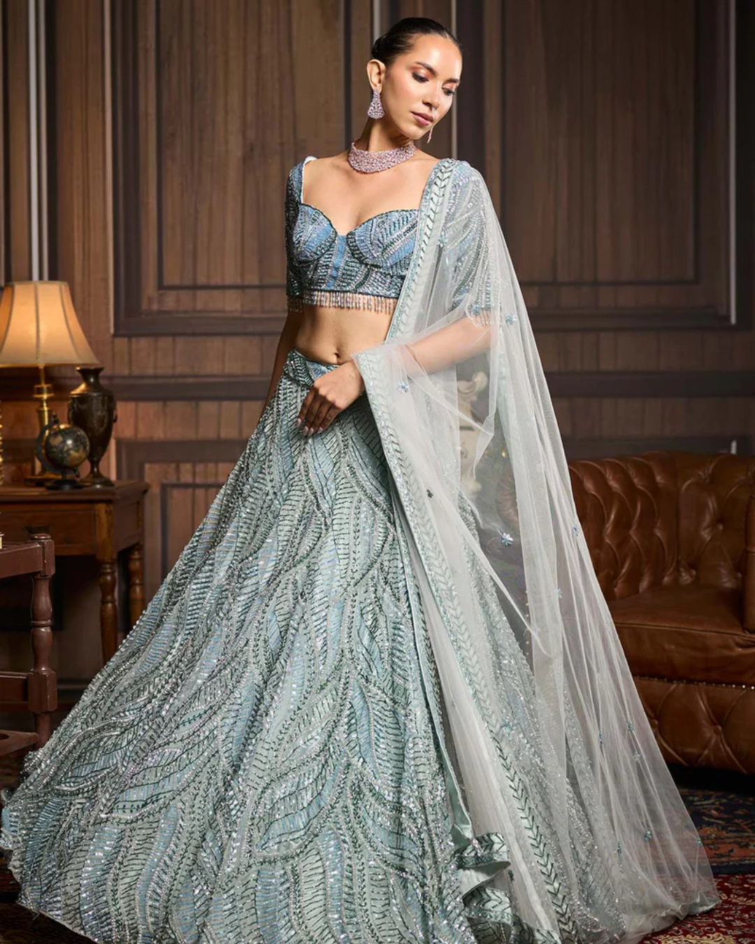 Diya Rajvvir - Ice Blue Fully Embellished Lehenga Set from Taara