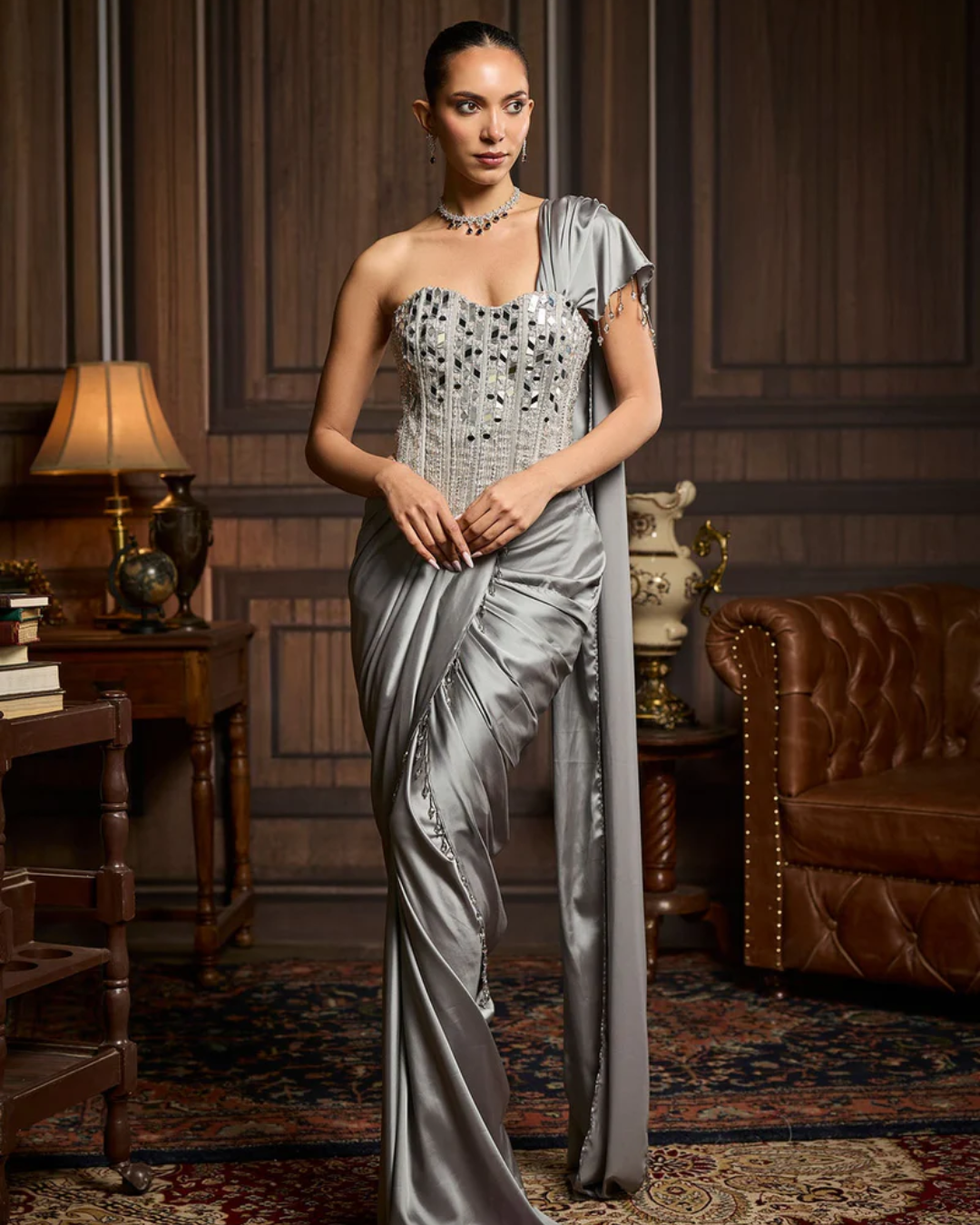 Diya Rajvvir - Silver Embellished Blouse And Pre Draped Saree Set from Taara