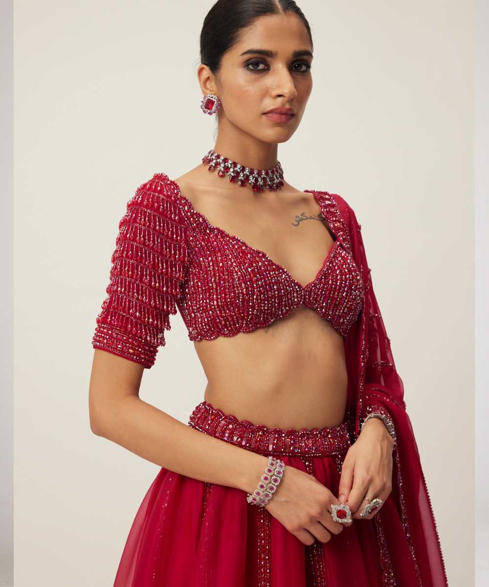 Ruby Red Organza Lehenga set - Collection name Maya by Vvani Vats