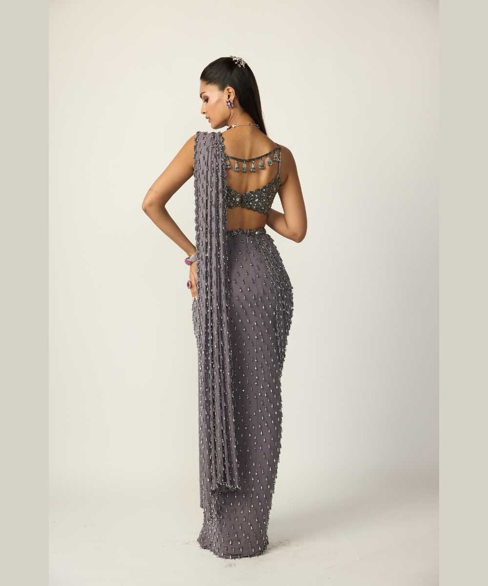 Metallic Grey Single Drop Draped Saree Set
