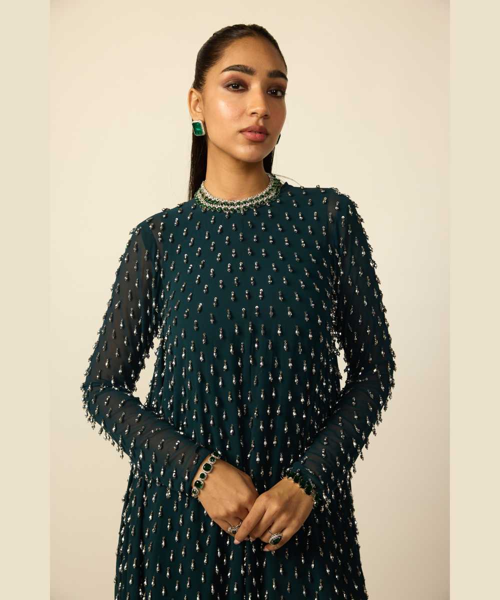 Dark Teal Silver Drop Kurta With Stole