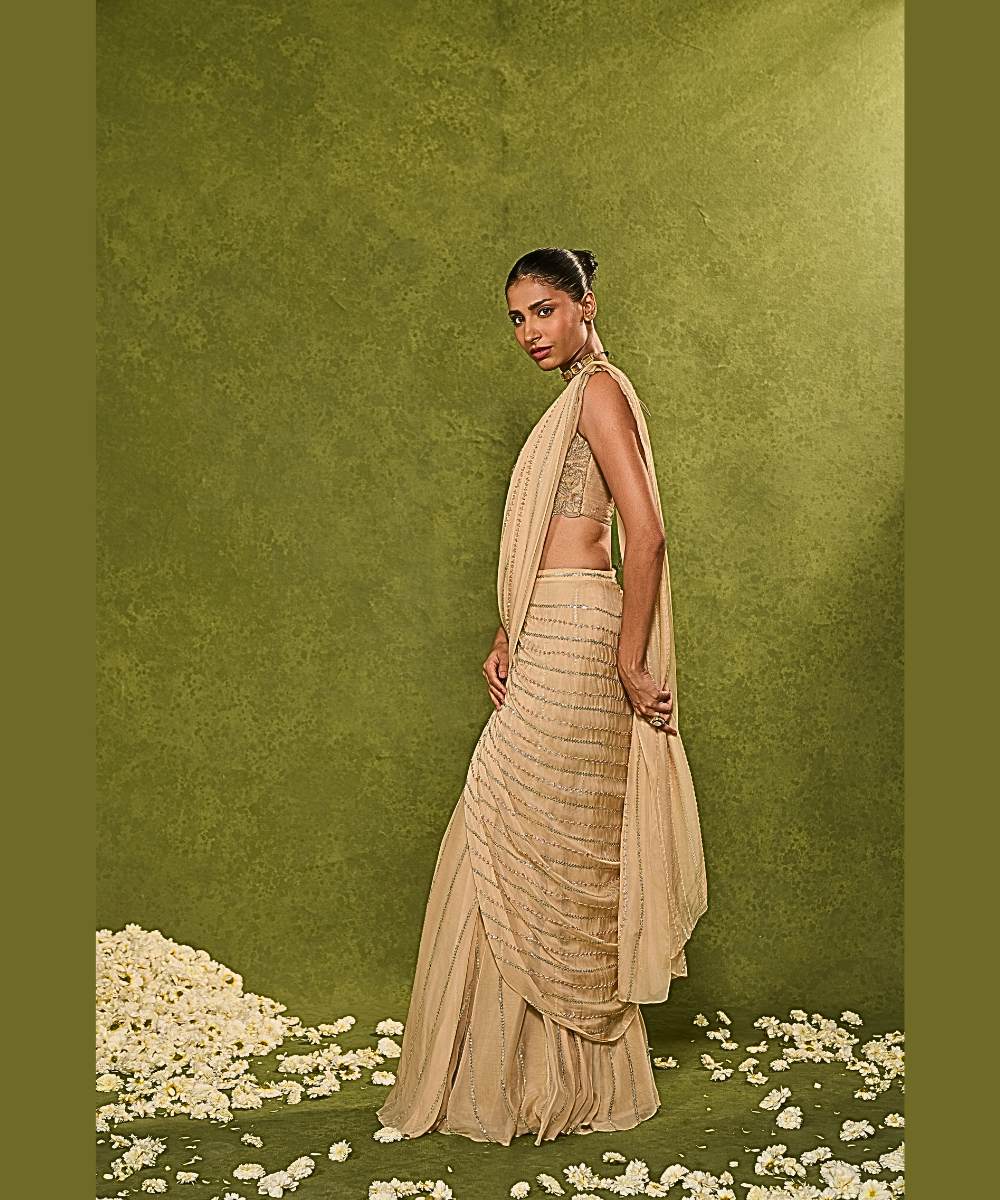 AALIYAH SAREE - Organza pre-draped saree embellished with glassbeads - Leher by Chamee and Palak