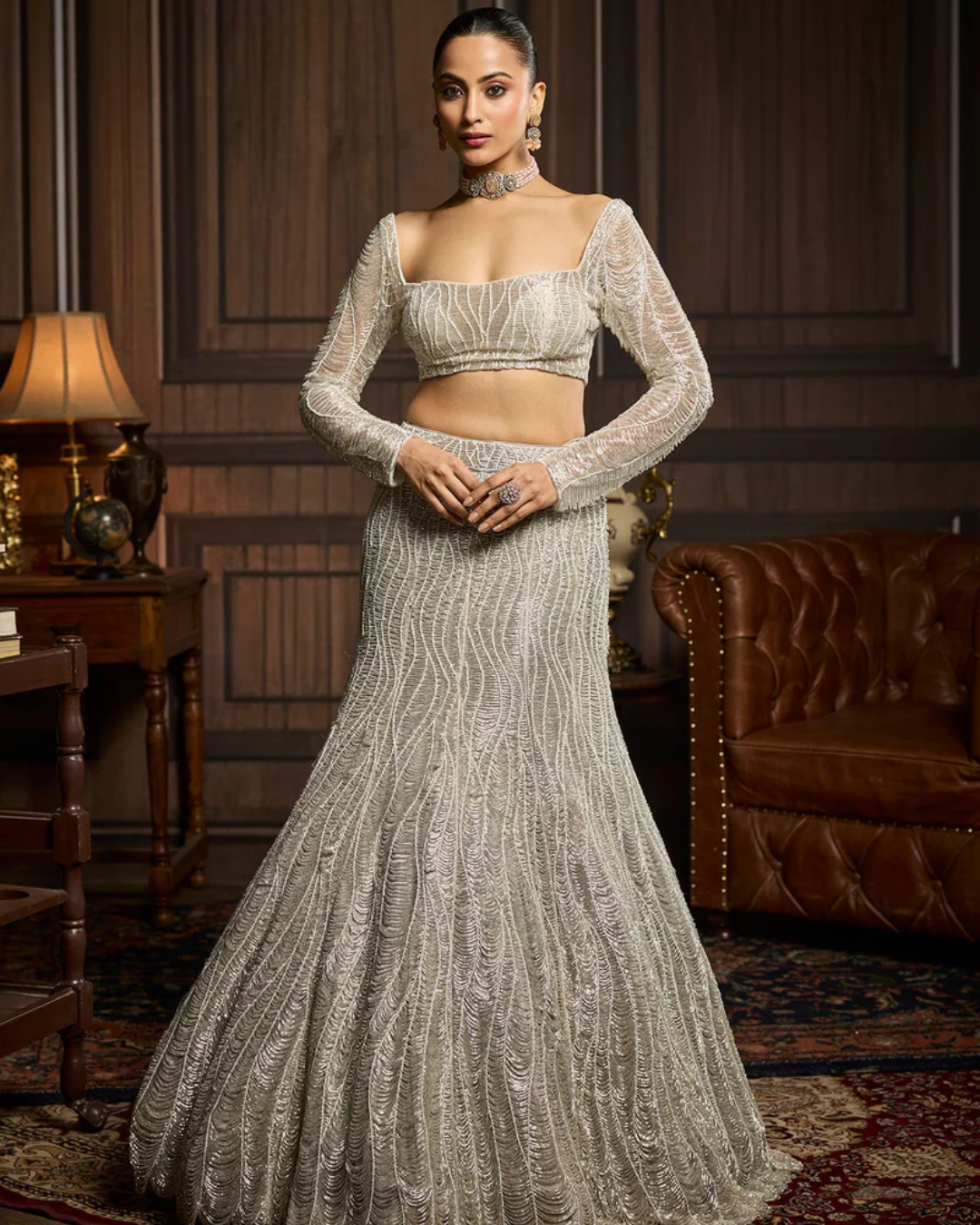 Diya Rajvvir - Silver Fully Embellished Mermaid Skirt Set from Taara
