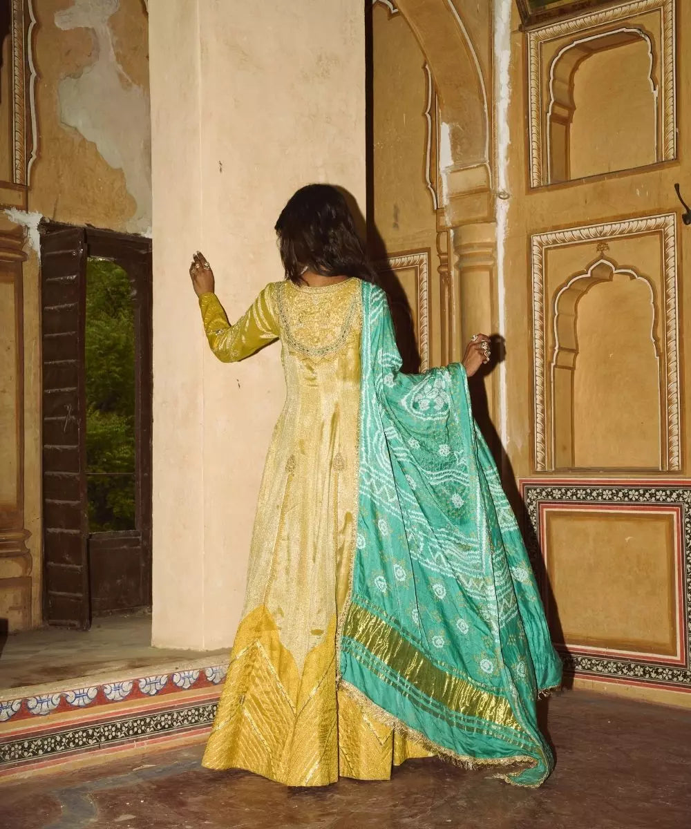 Aditi Gupta - Mustard Yellow tissue Anarkali with firozi silk dupatta