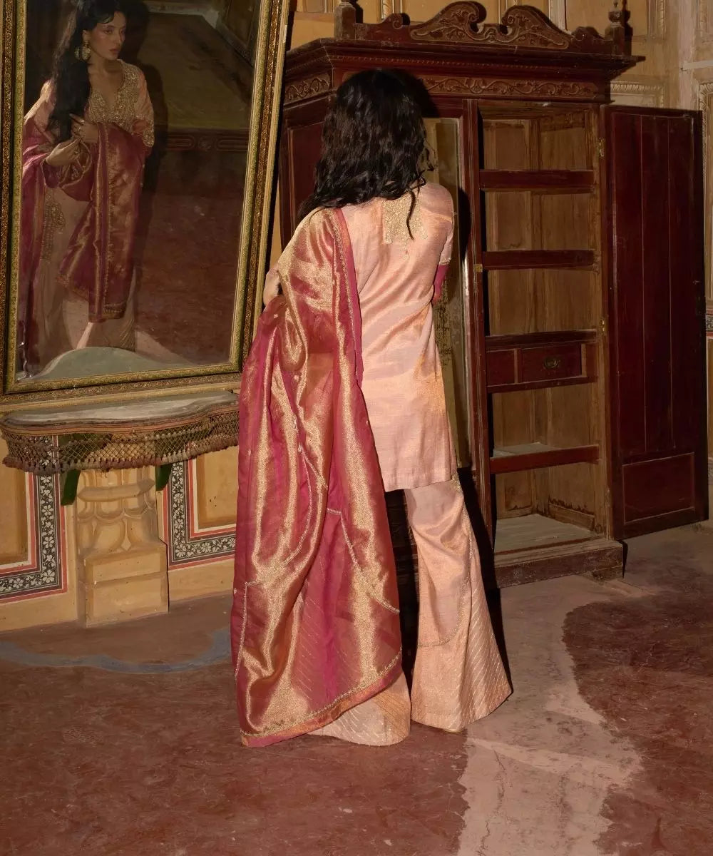 Aditi Gupta - Rose pink short Kurta with Bell Bottom Pants with Hot pink dupatta