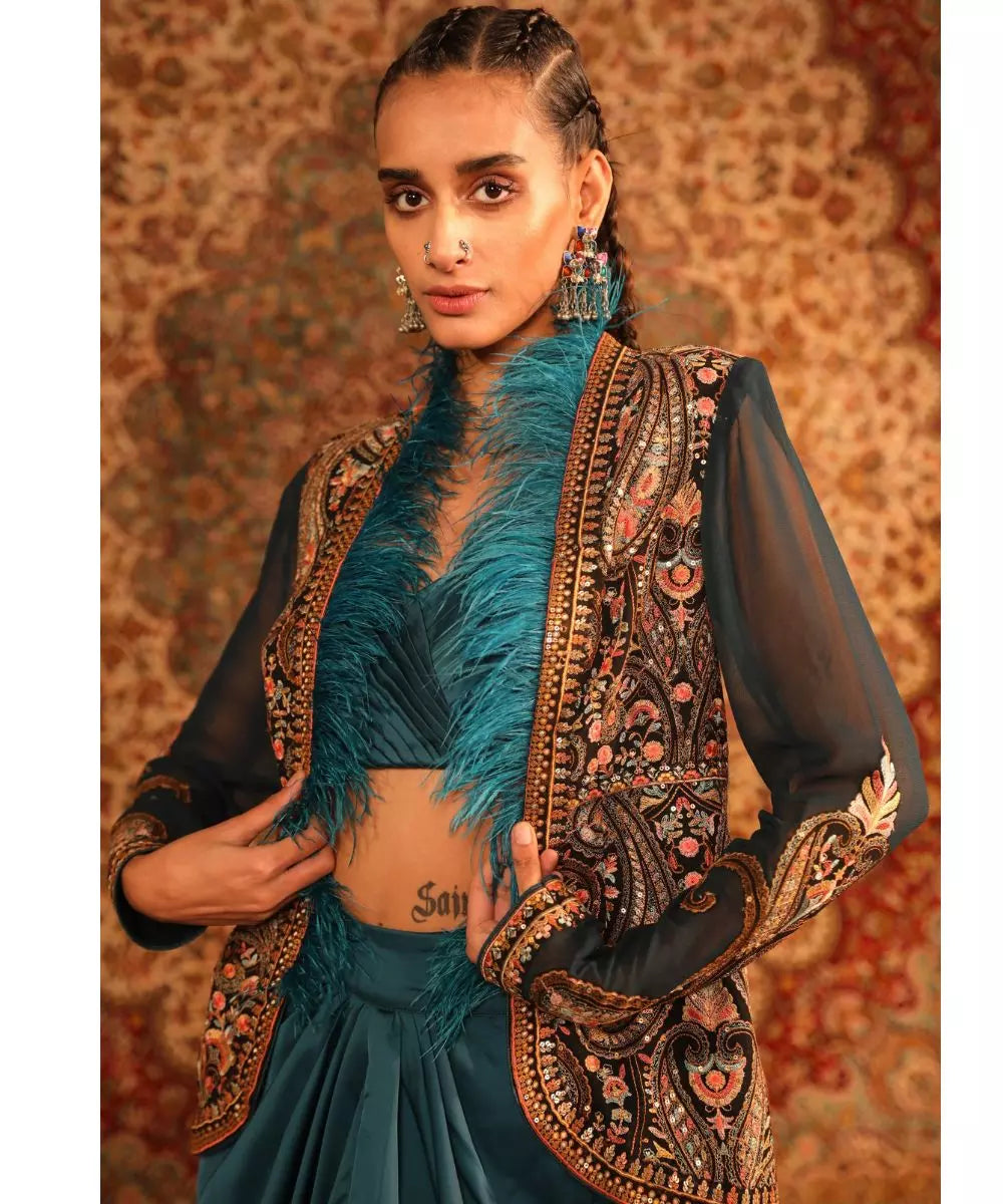 ADITI GUPTA - Teal Jamawaar Jacket with Fur Blouse Draped Skirt