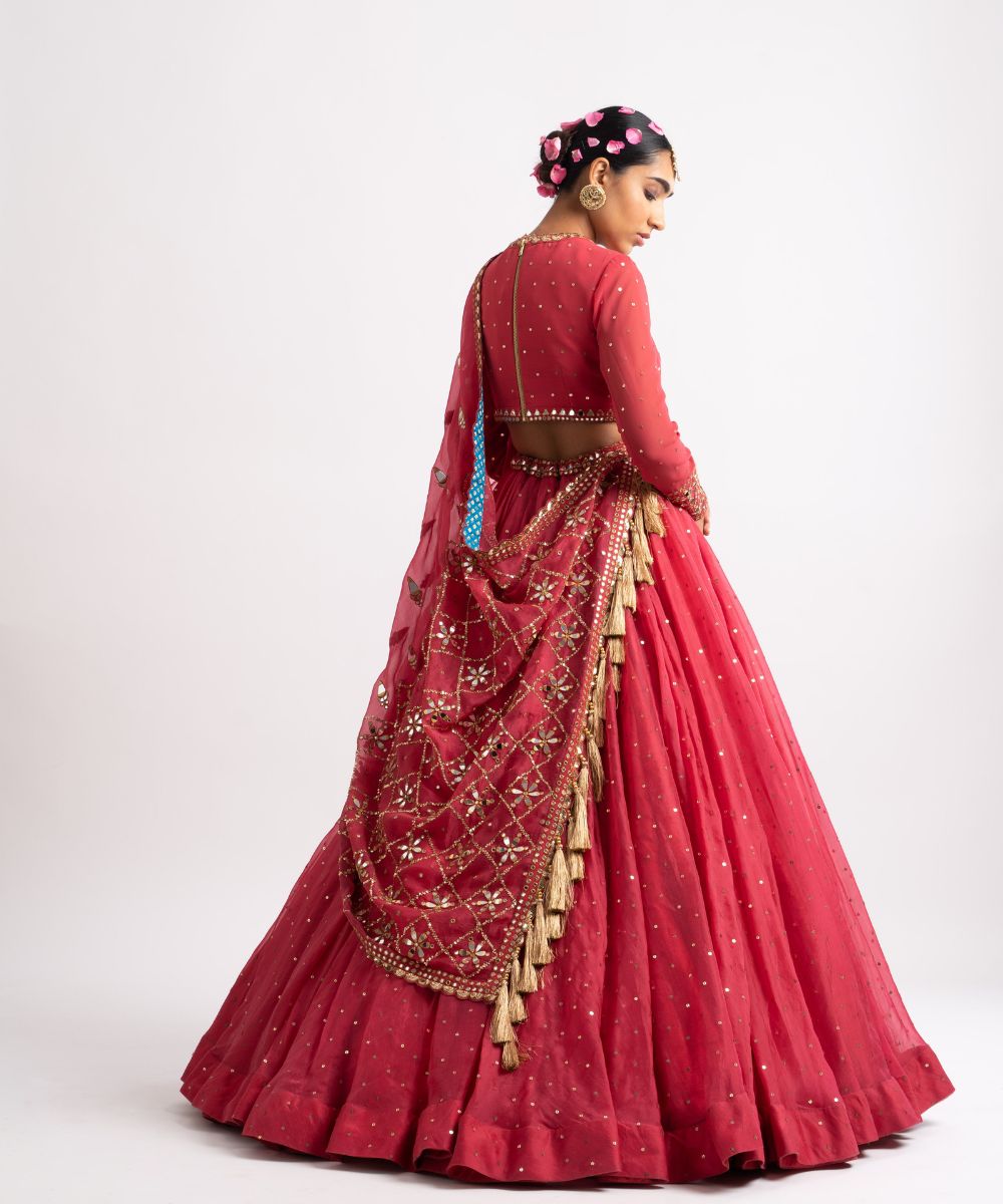 Deep Coral Silk Organza Heavy Dupatta Lehenga Set - Collection name Rang by  Vvani vats