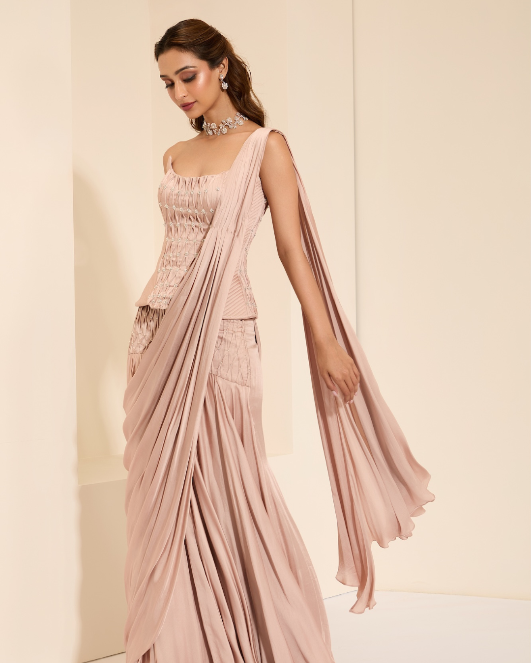 K&A by Karishma and Ashita - Silken Blush Corset & Drape