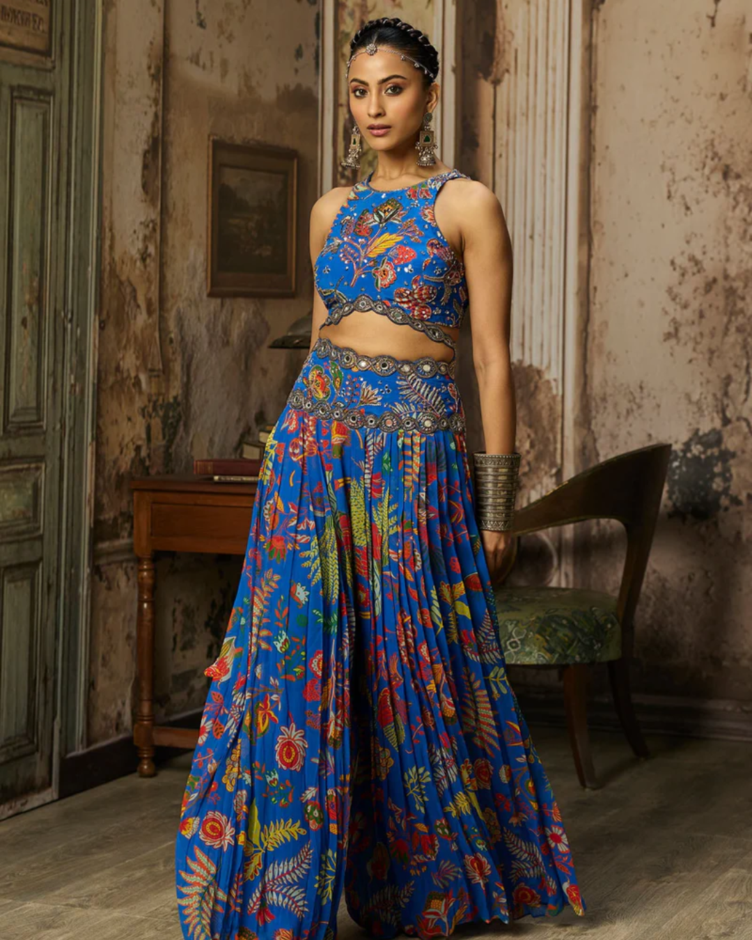 Diya Rajvvir - Electric Blue Printed And Highlighted Sharara Set from Bahaar