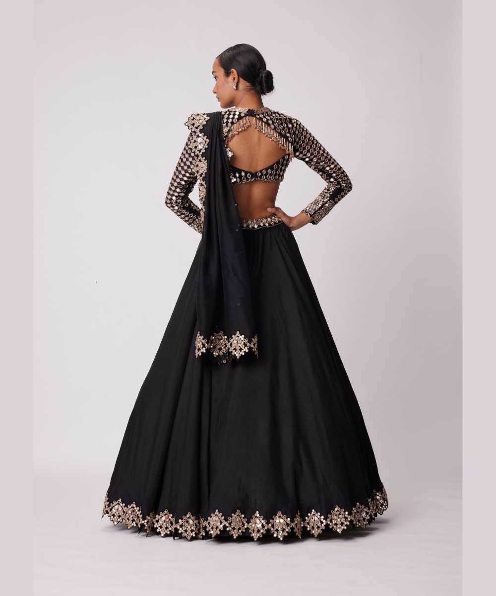BLACK ORGANZA MIRROR EMBROIDERED LEHENGA SET - Jugmug Bride by Vvani Vats