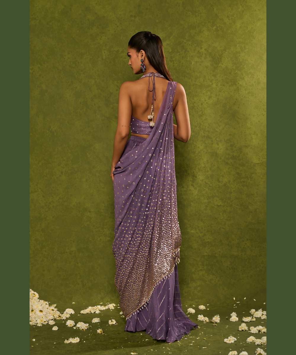 HUNAR DRAPE DUPATTA WITH PANTS - Dusty purple sharara paired with a delicately embroidered halter-neck blouse - Leher by Chamee and Palak