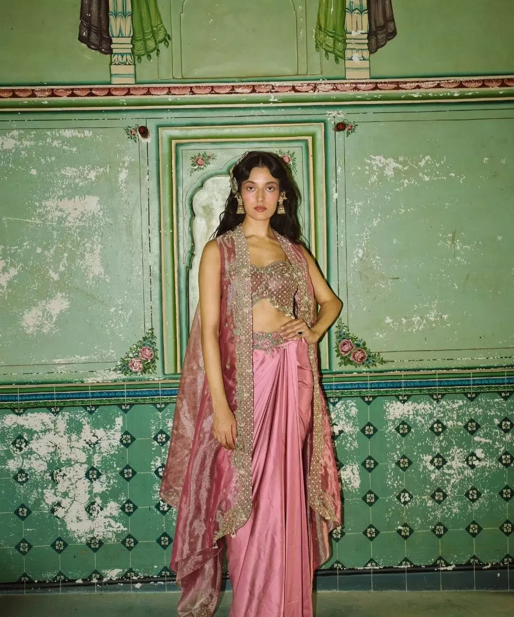 Aditi Gupta - Blush Pink Drape Satin Skirt  Set with Cape