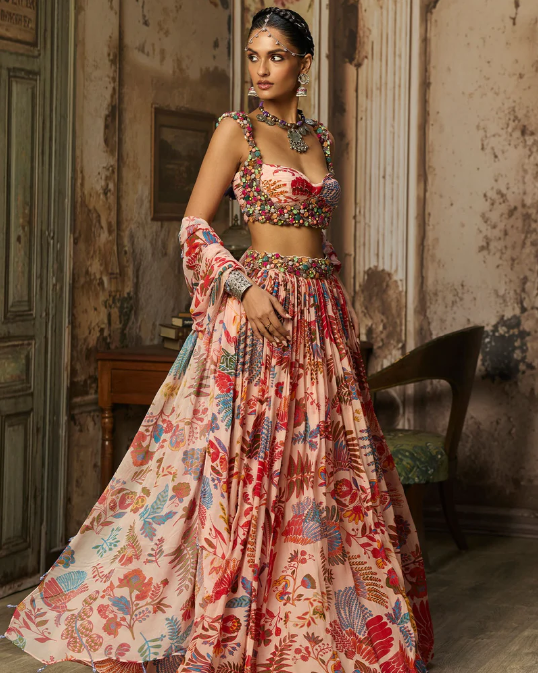 Diya Rajvvir - Blush Pink Stone Embroidered Blouse With Printed Lehenga Set from Bahaar