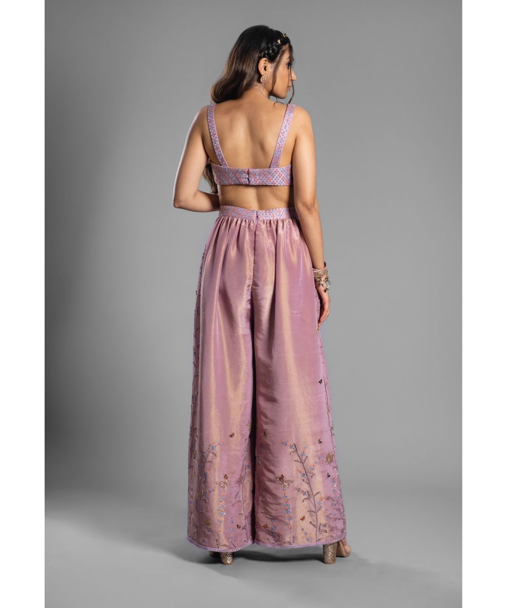 Aastha Sood - Lavender hued Jumpsuit Hand Embroidered Brocade draped Bodice and silk tissue Pants