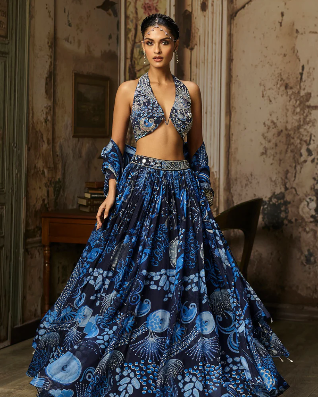 Diya Rajvvir - Navy Blue Printed & Highlighted Lehenga Set from Bahaar