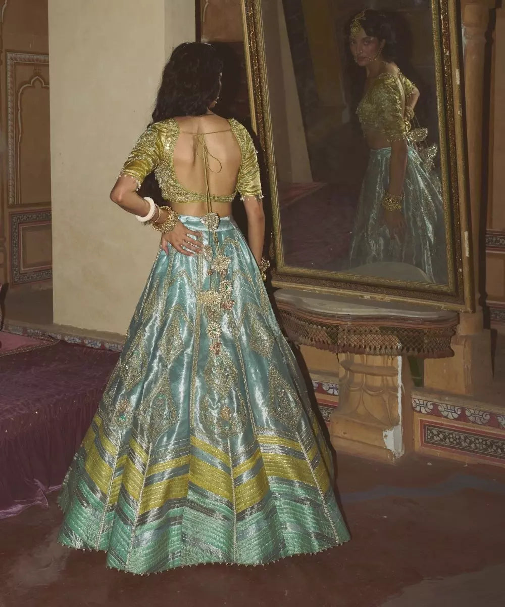 Aditi Gupta - Ice Blue  Silk Zari tissue with Olive Bloom tissue dupatta Lehenga Set