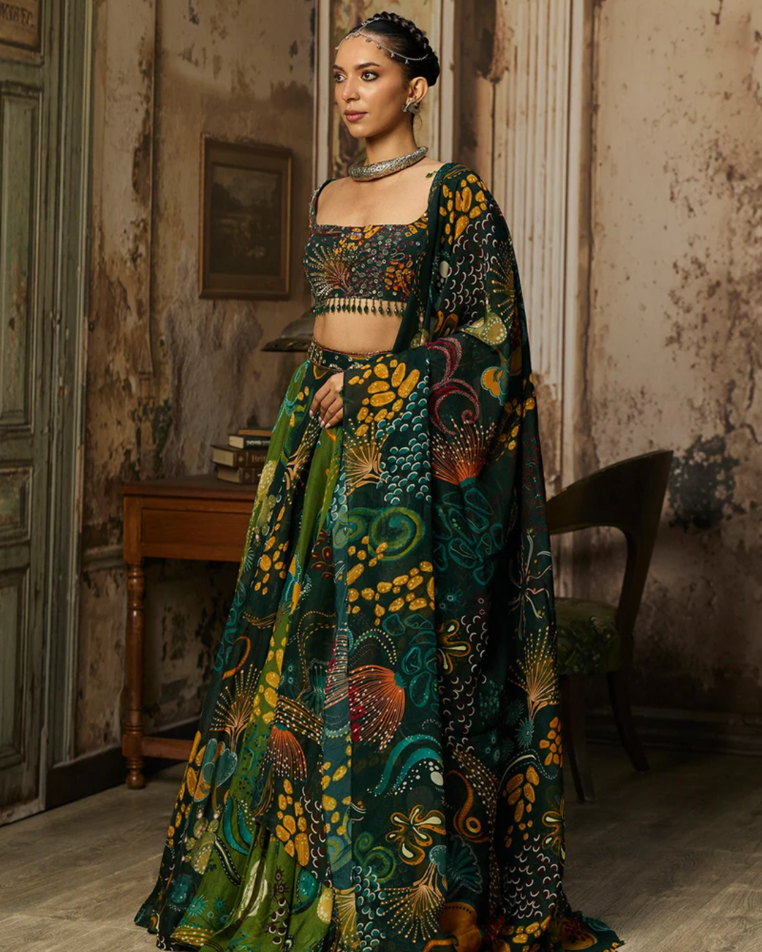 Diya Rajvvir - Dark Green Dual Printed And Highlighted Lehenga Set from Bahaar