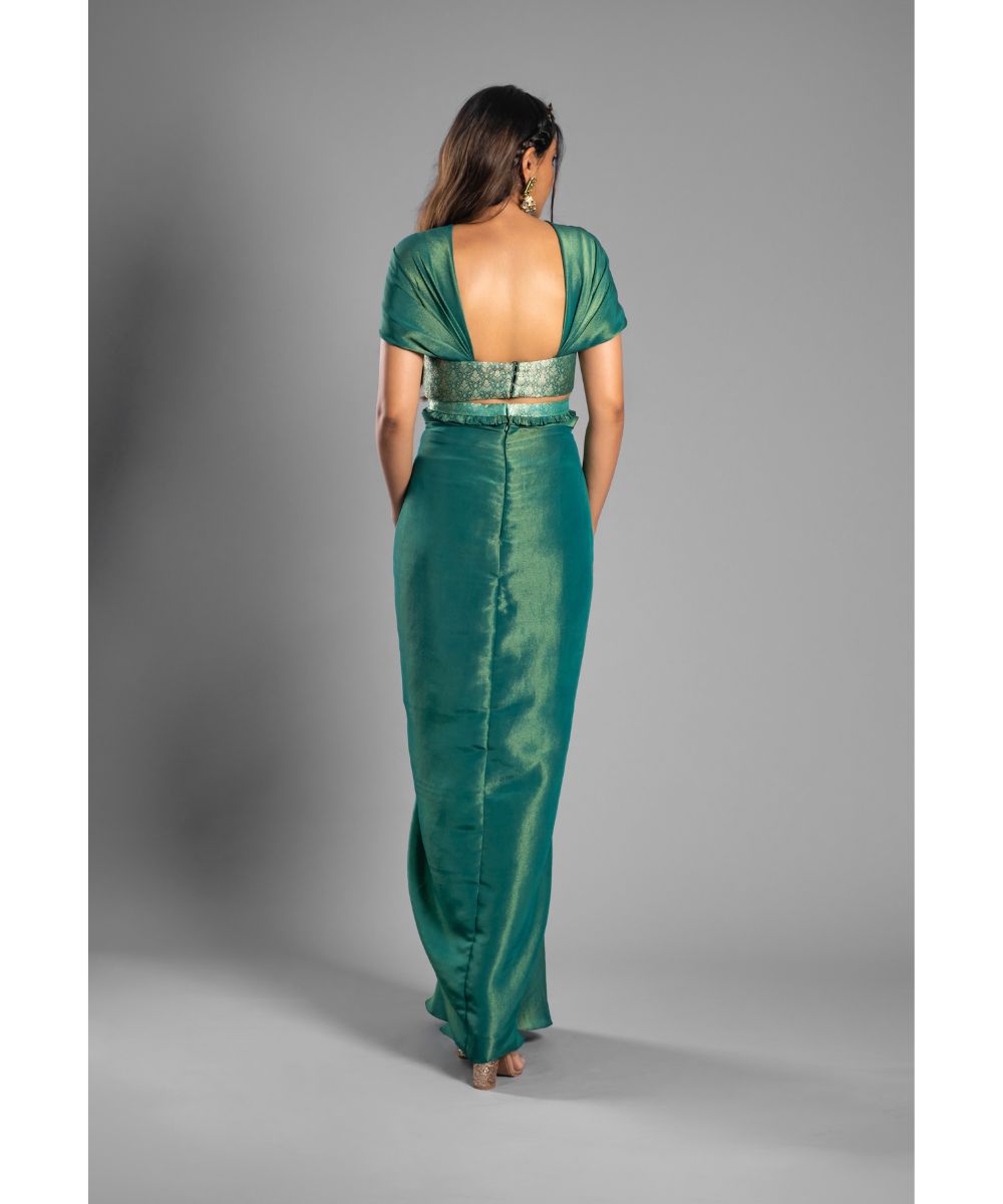 Aastha Sood - Emerald green Skirt set Draped off shoulder Brocade Blouse