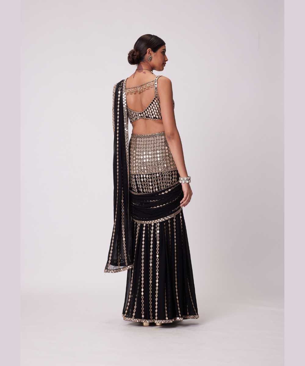 BLACK PRE DRAPED SAREE SET - Jugmug Bride by Vvani Vats