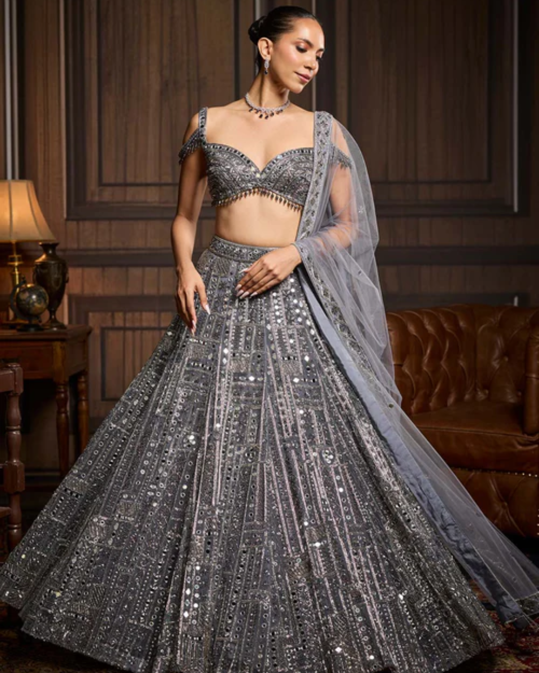Diya Rajvvir - Silver Embellished Mirrorwork Lehenga Set from Taara