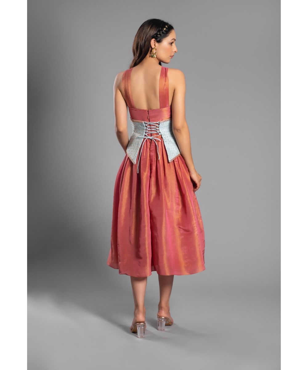 Crimson Red tissue Calf Length Dress with a Halter Neckline