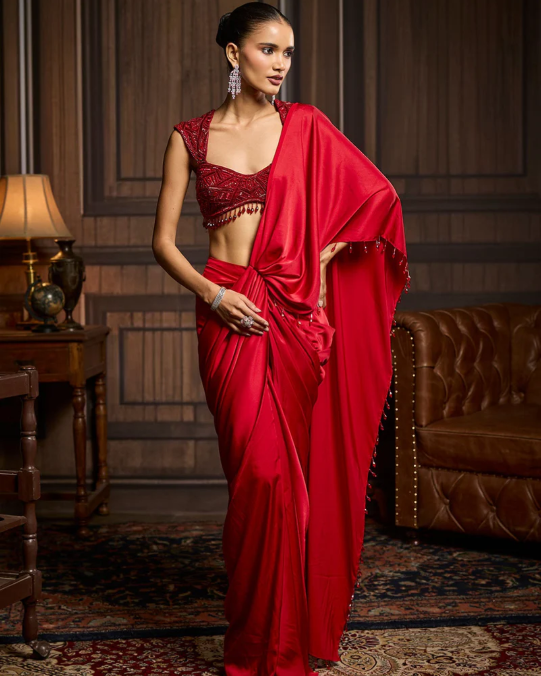 Diya Rajvvir - Red Embellished Blouse And Pre-Draped Dhoti Saree Set from Taara