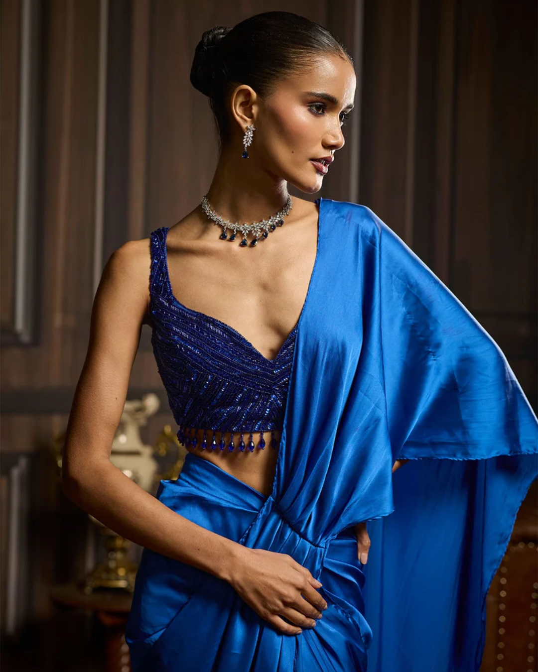 Diya Rajvvir - Electric Blue Embellished Blouse And Pre-Draped Dhoti Saree Set from Taara