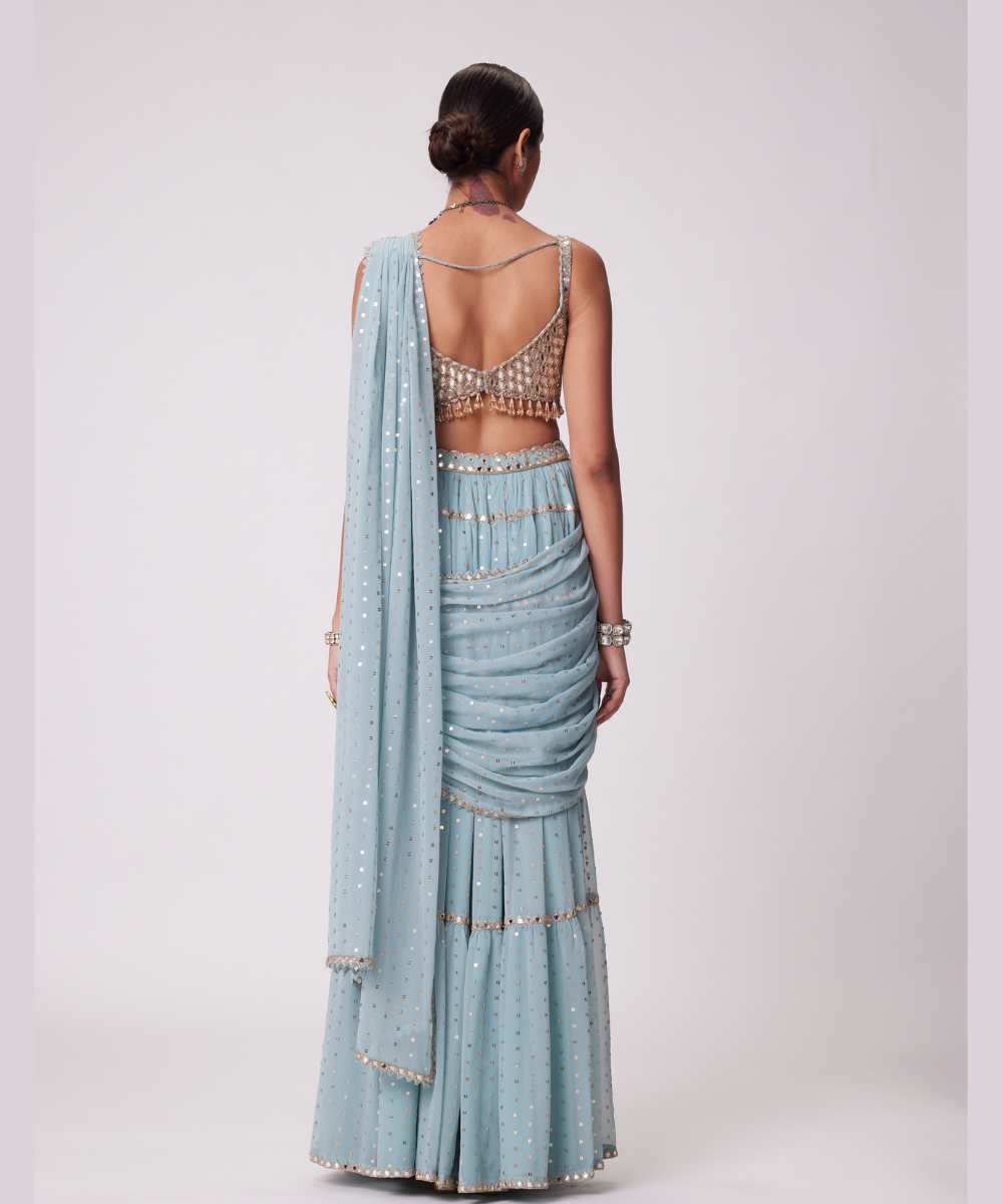 POWDER BLUE MULTI TIER SAREE SET -  Collection name Jugmug Bride by Vvani Vats