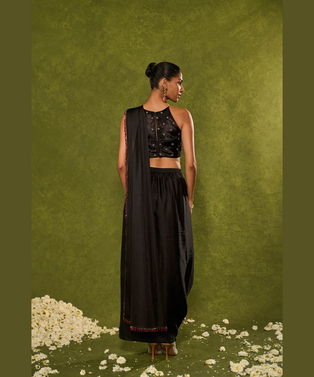 AANYA SAREE - Soft silk dhoti saree paired with a delicately embroidered velvet halter neck blouse -  Leher by Chamee and Palak