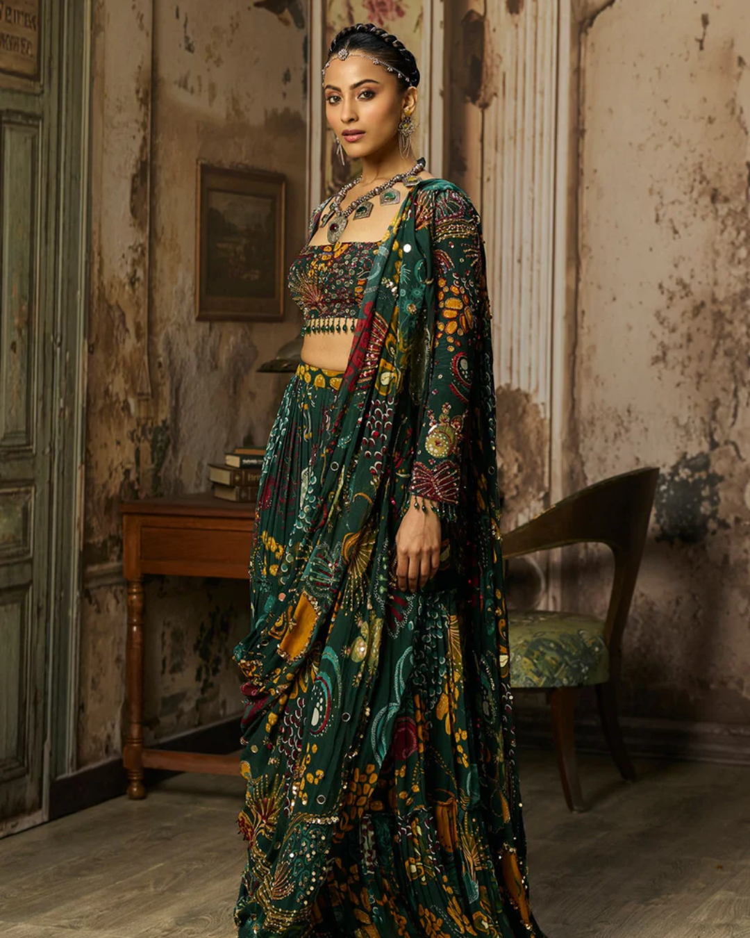 Diya Rajvvir - Dark Green Printed And Highlighted Tiered Skirt Saree Set from Bahaar