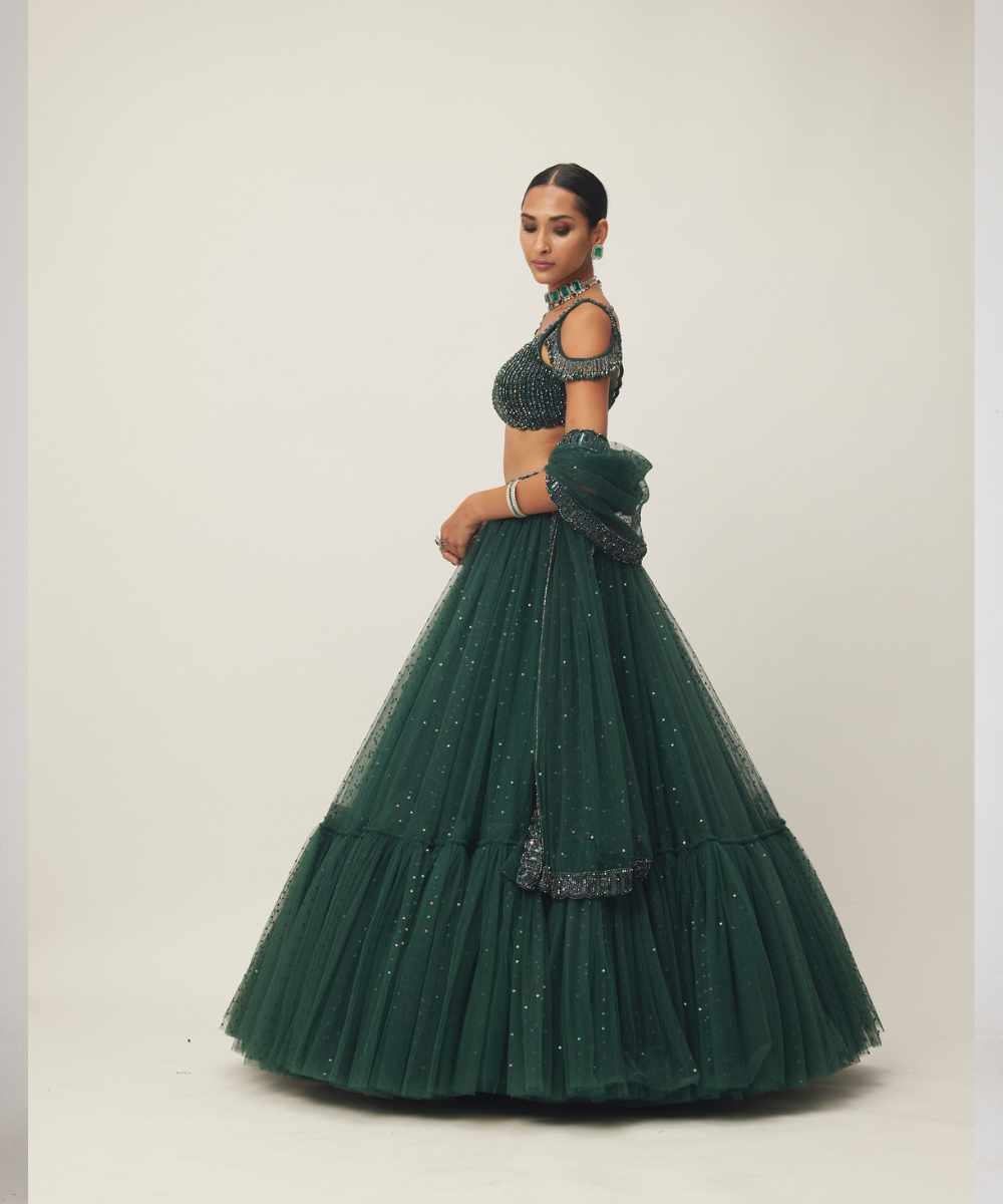 Dark Jade Green Sequins Scattered Tulle Lehenga Set - Collection name Maya by Vvani Vats
