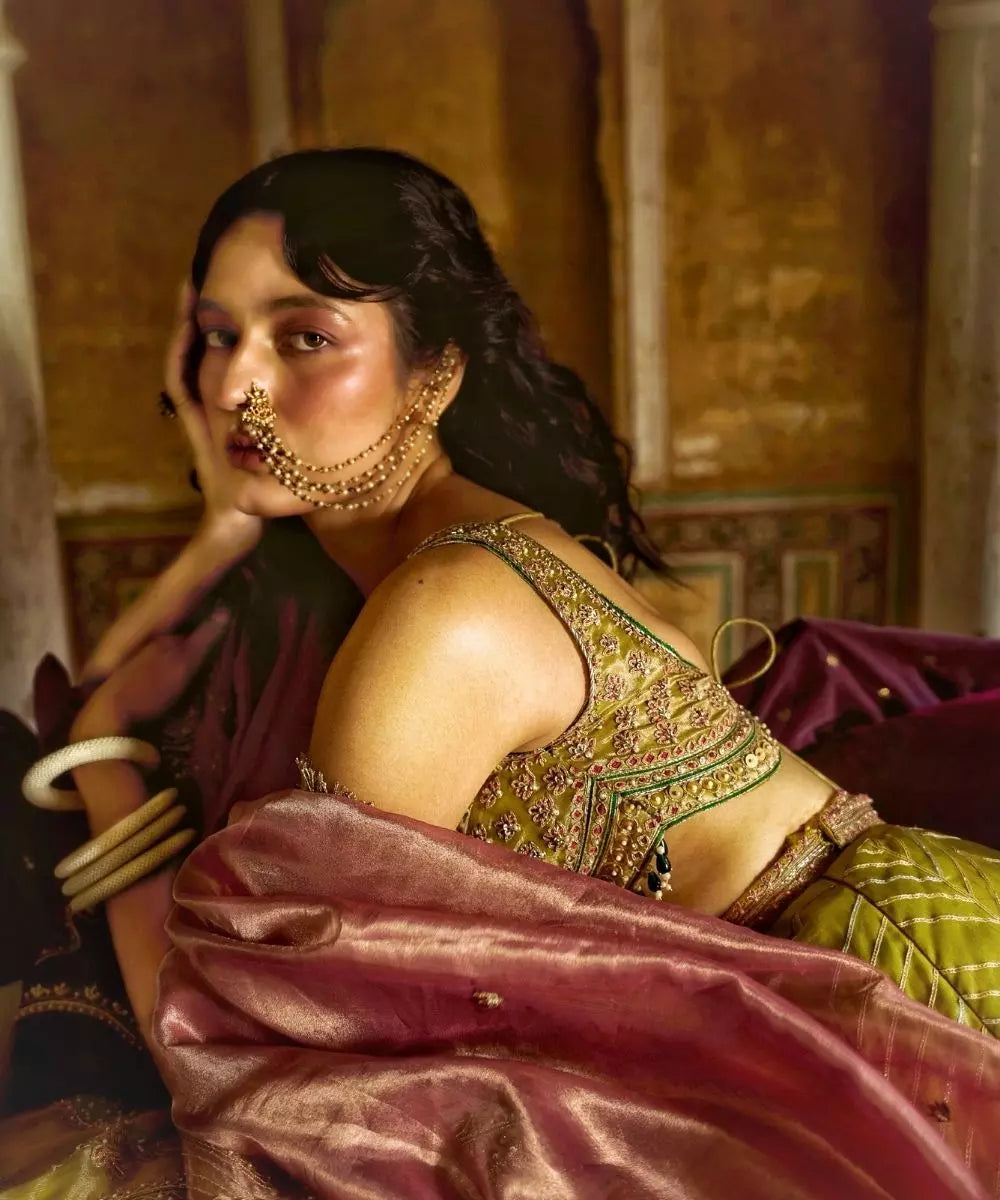 Aditi Gupta - Lemon Green Silk Zari tissue with Rose Pink tissue dupatta Lehenga Set