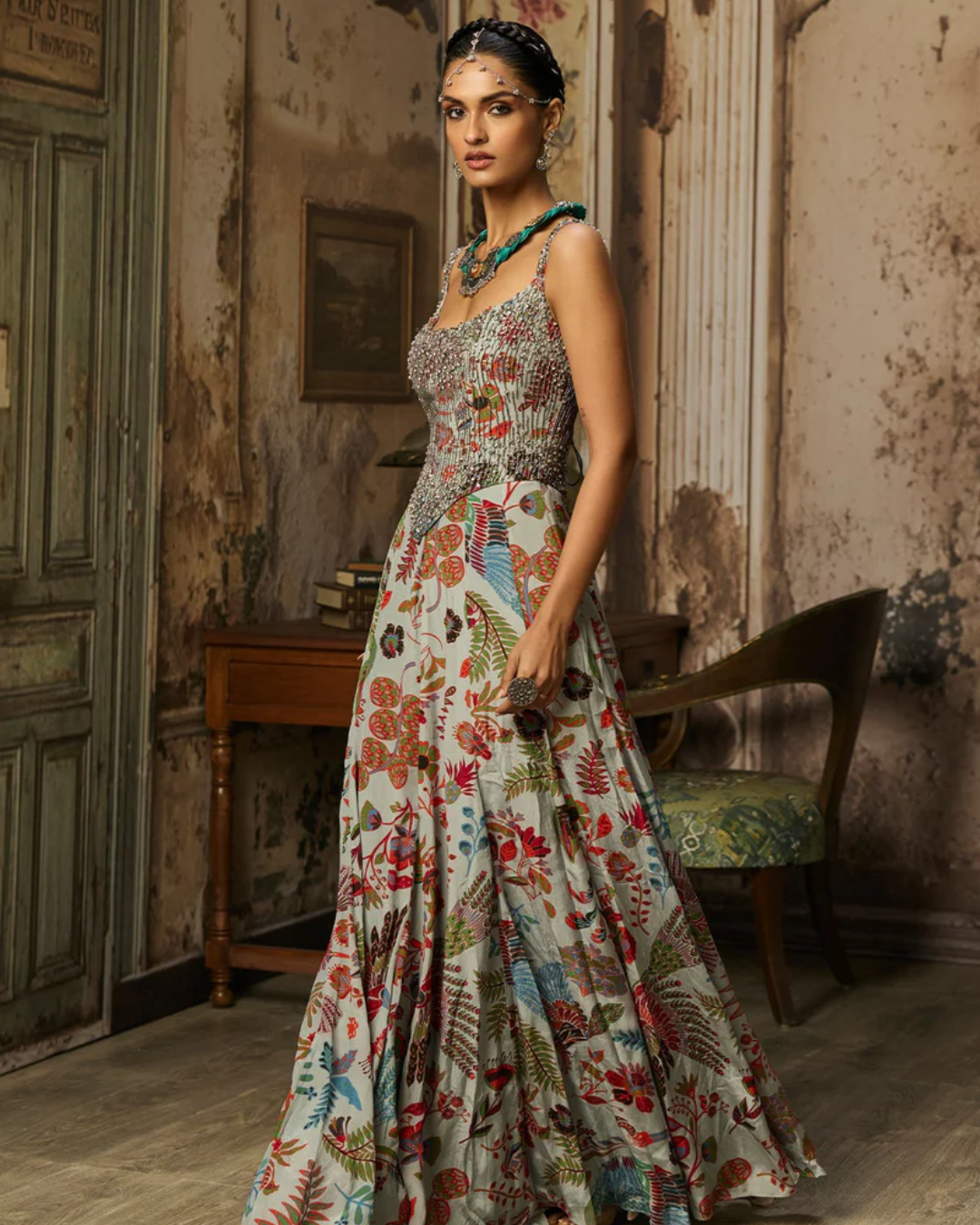 Diya Rajvvir - Slate Grey Printed And Highlighted Corset Gown from Bahaar
