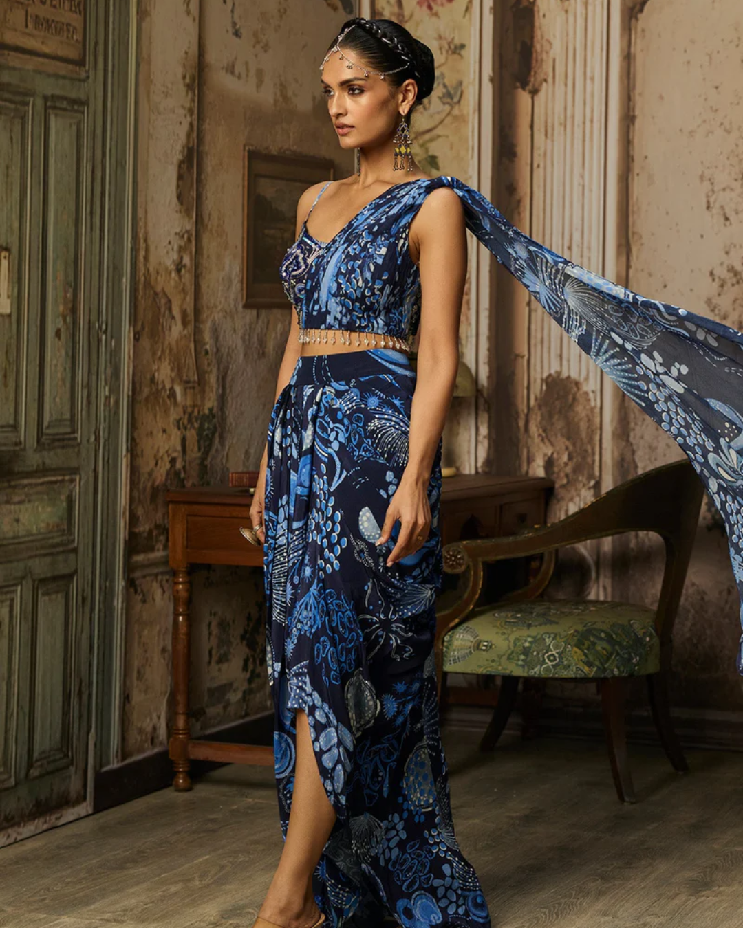 Diya Rajvvir -  Navy Blue Printed Drape Asymmetric Crop Top And Skirt Set from Bahaar